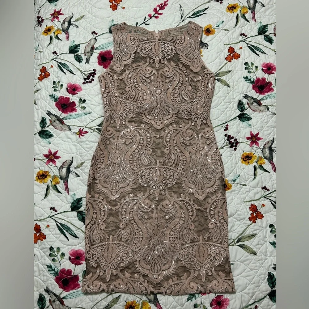NWT Calvin Klein Taupe Lace and Sequin Midi Dress - Picture 2 of 6
